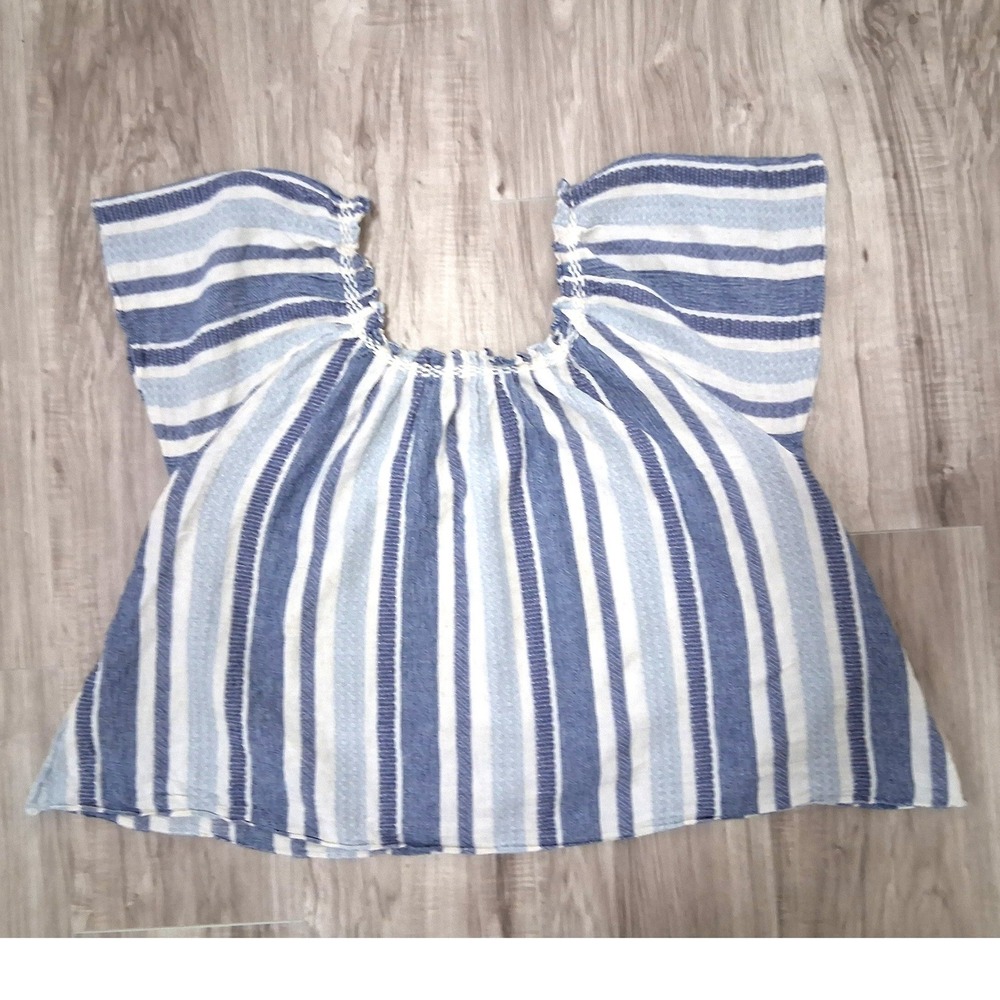 Faherty Annabelle Blue White Striped Peasant Top Short Flutter Sleeve Small - Picture 9 of 11